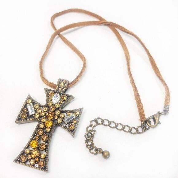 Amber/Citrine Tone Encrusted Holy Cross Pendant Leather Necklace - Picture 6 of 7